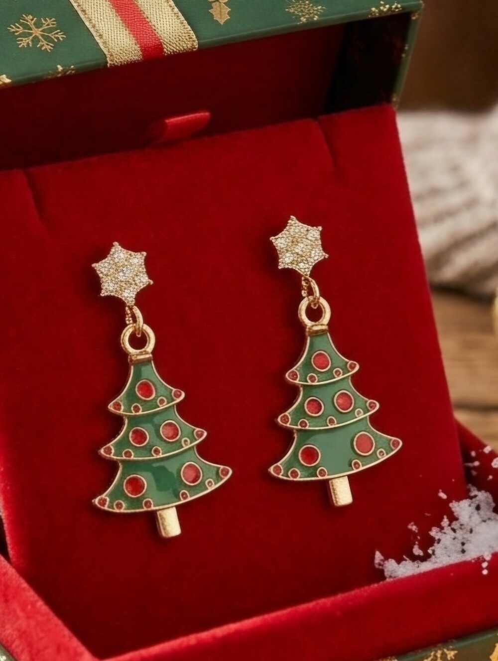 Elegant ChristmasTree Earrings in Green and Gold